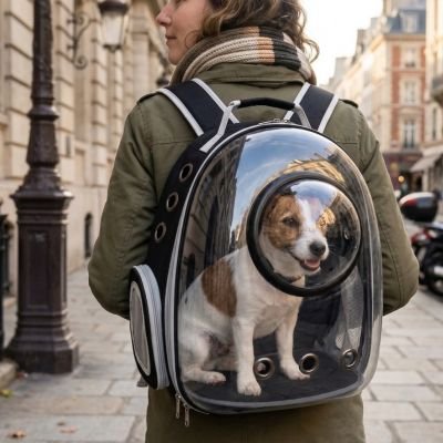 terrier russell dans Sac a dos chiens porté par femme