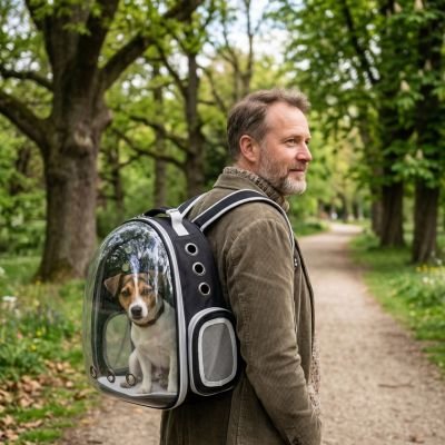 terrier russell dans Sac a dos chiens porté par homme
