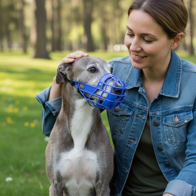 whippet portant Muselière pour chien​ dans parc avec jeune femme