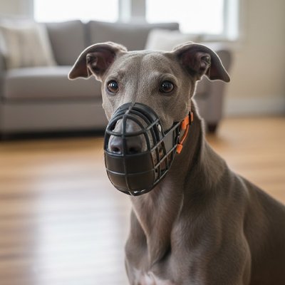 whippet portant Muselière pour chien​ dans salon