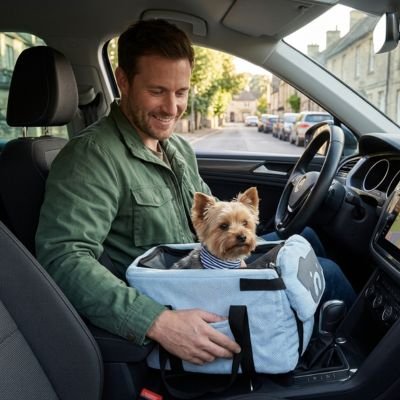 yorkie dans Sac de transport Chien sur console de voiture avec homme