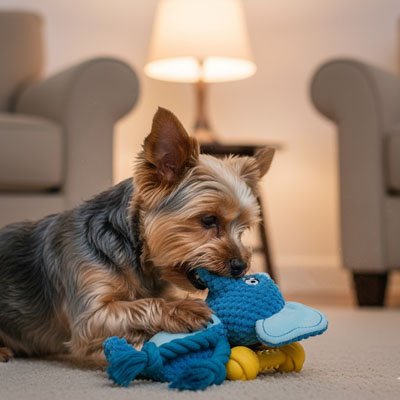 yorkie joue avec Peluche Chien éléphant sur moquette blanche