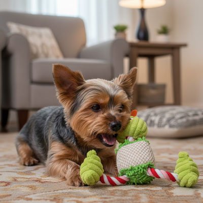 yorkie joue avec Peluche Chien en forme de flamant sur moquette de salon
