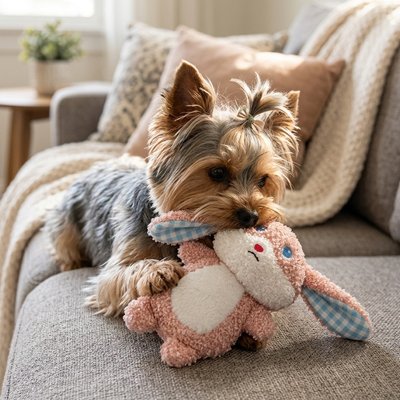 yorkie mordille Peluche pour chien sur canapé