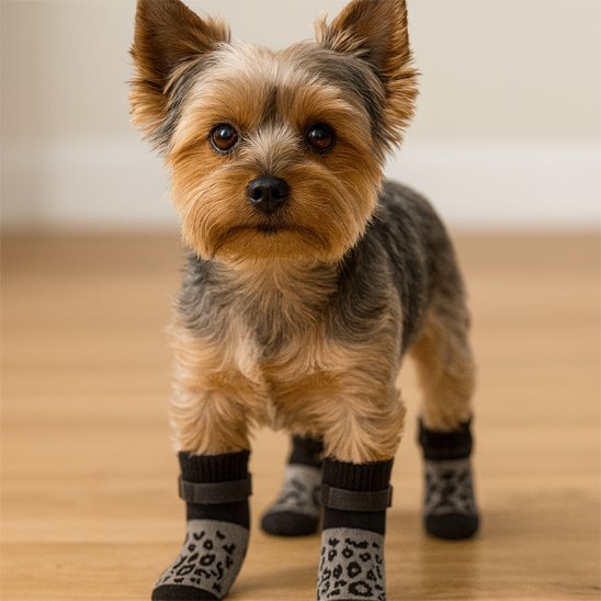 yorkie portant Chaussette pour chien attend sur plancher de bois dans maison