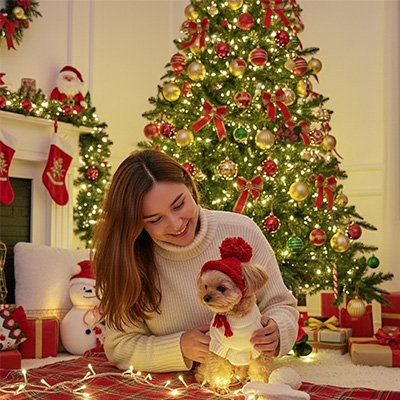 yorkie porte Bonnet pour chien​ rouge avec dame près de sapin