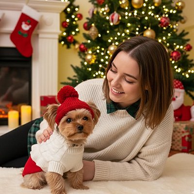 yorkie porte Bonnet pour chien​ rouge avec dame