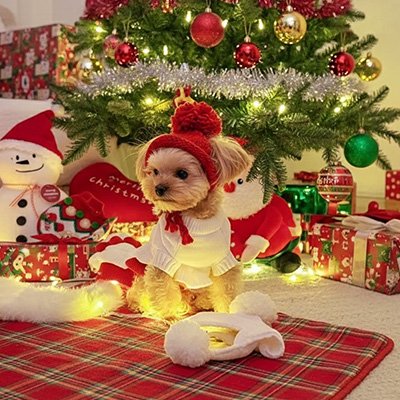 yorkie porte Bonnet pour chien​ rouge près de sapin noël