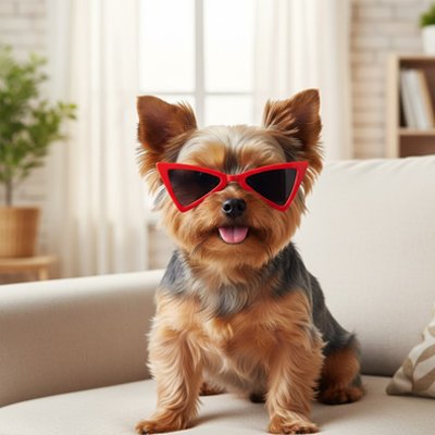 yorkie porte Lunette de soleil chien assis sur canapé blanc