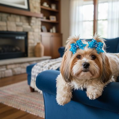 yorkie porte Noeud papillon pour chien assis sur canapé bleu