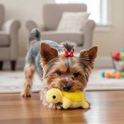 yorkie tient Jouet pour chien​ dans gueule